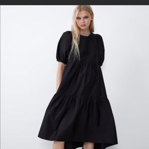 Zara Poplin Assymetric Maxi Black Dress Puff M